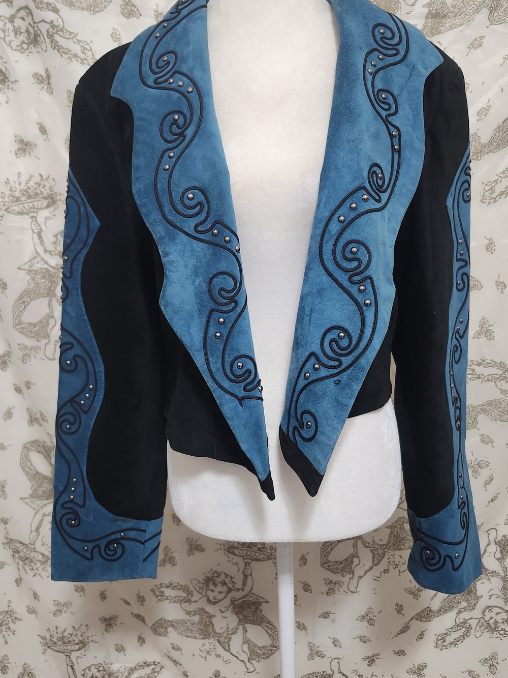 Vintage Western Suede Jacket Black & Turquoise Studded Rodeo Show Cropped M